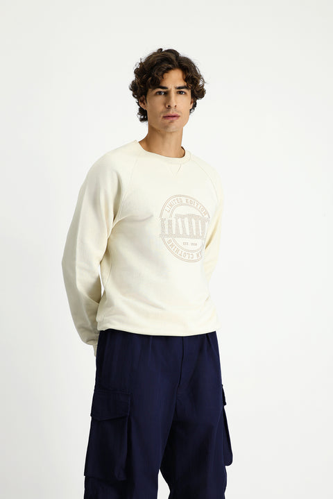 Off-white Crew Neck Regular Fit Printed Cotton Sweatshirt