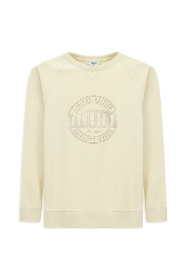 Ekru Bisiklet Yaka Regular Fit Baskılı Pamuk Sweatshirt