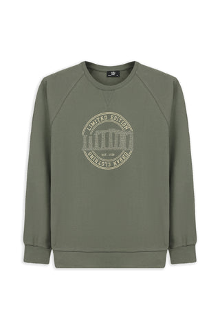 Aç?k Haki Bisiklet Yaka Regular Fit Bask?l? Pamuk Sweatshirt-Ki??l?