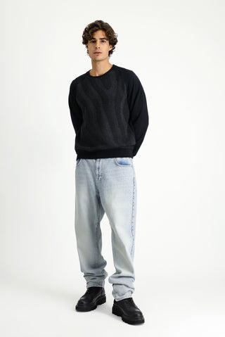 Siyah Bisiklet Yaka Regular Fit Desenli Pamuklu Sweatshirt