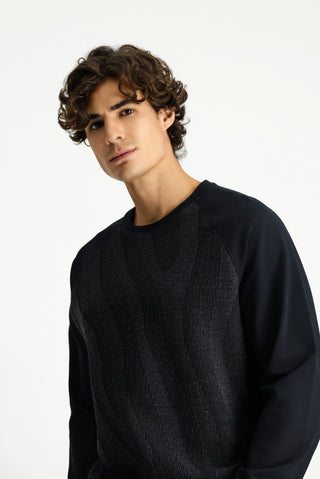 Siyah Bisiklet Yaka Regular Fit Desenli Pamuklu Sweatshirt