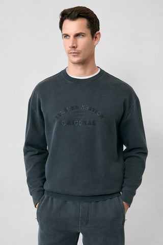 Orta Antrasit Bisiklet Yaka Oversize Ekstra Rahat Kesim Nakış Desenli Pamuk Sweatshirt