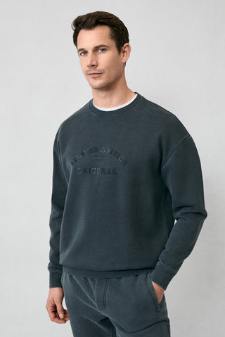 Orta Antrasit Bisiklet Yaka Oversize Ekstra Rahat Kesim Nakış Desenli Pamuk Sweatshirt