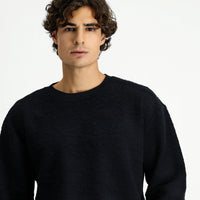 Black Crew Neck Loose Fit Patterned Cotton Sweatshirt