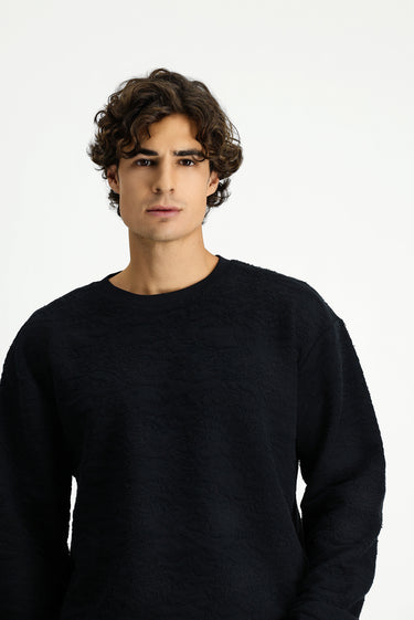 Siyah Bisiklet Yaka Loose Fit Desenli Pamuklu Sweatshirt