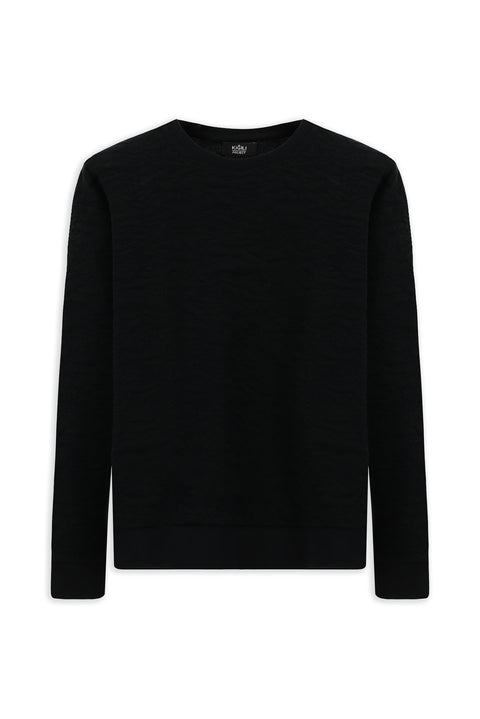 Black Crew Neck Loose Fit Patterned Cotton Sweatshirt