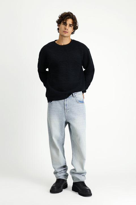 Black Crew Neck Loose Fit Patterned Cotton Sweatshirt