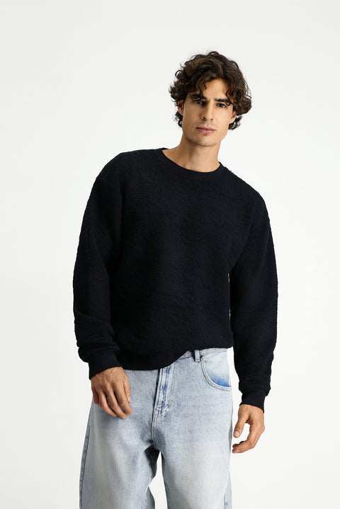 Black Crew Neck Loose Fit Patterned Cotton Sweatshirt