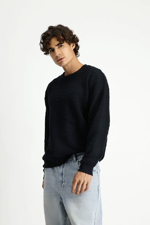Black Crew Neck Loose Fit Patterned Cotton Sweatshirt