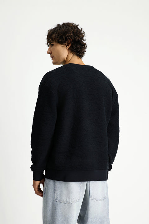 Black Crew Neck Loose Fit Patterned Cotton Sweatshirt