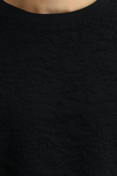 Black Crew Neck Loose Fit Patterned Cotton Sweatshirt