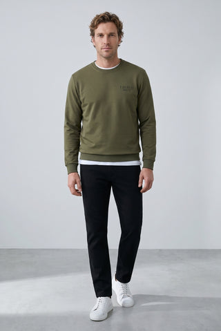 Orta Haki Bisiklet Yaka Regular Fit Baskılı Pamuklu Sweatshirt