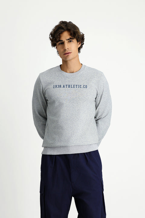 Light Blue Melange Crew Neck Regular Fit Cotton Printed Sweatshirt