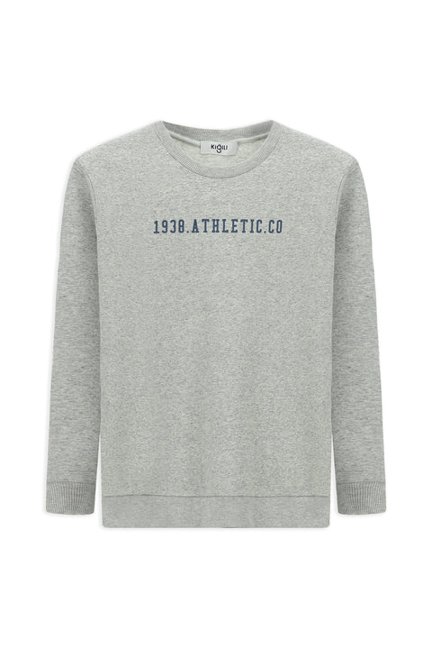 Light Blue Melange Crew Neck Regular Fit Cotton Printed Sweatshirt