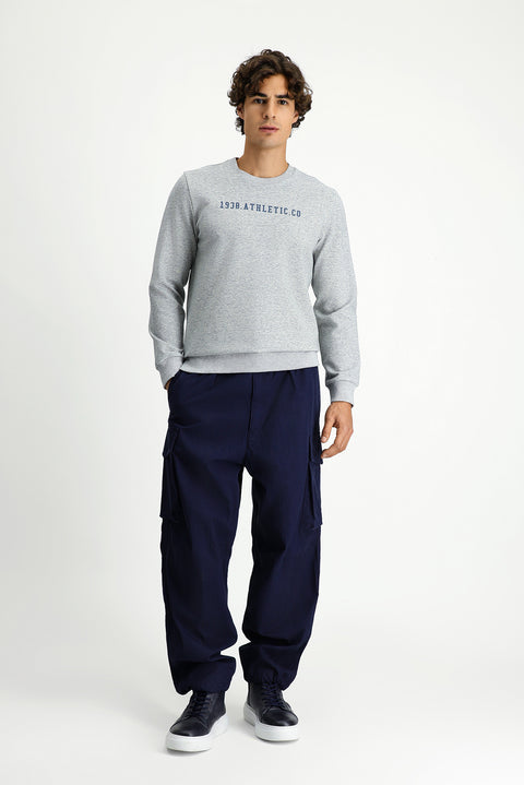 Light Blue Melange Crew Neck Regular Fit Cotton Printed Sweatshirt