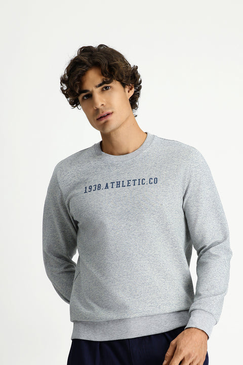 Light Blue Melange Crew Neck Regular Fit Cotton Printed Sweatshirt