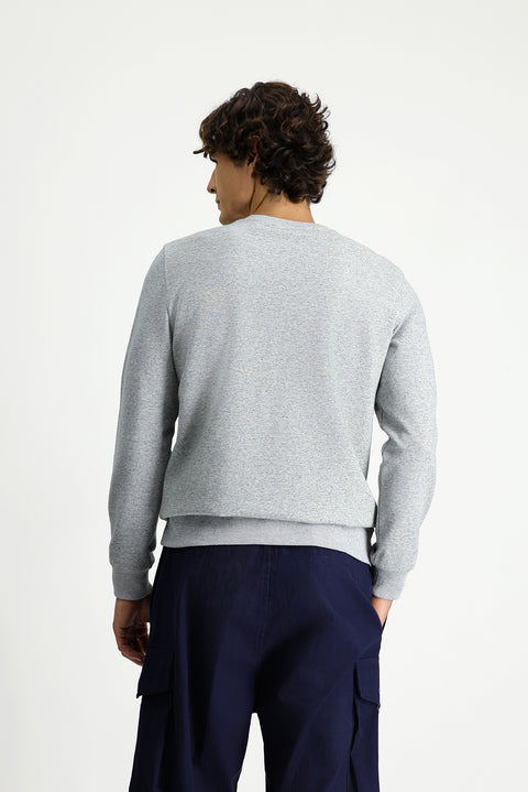 Light Blue Melange Crew Neck Regular Fit Cotton Printed Sweatshirt