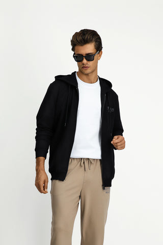 Siyah Kapüşonlu Regular Fit Fermuarlı Baskılı Pamuklu Sweatshirt