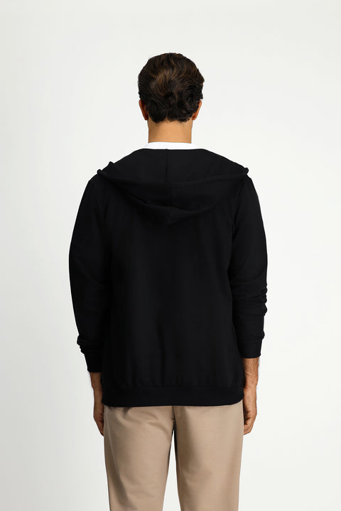Siyah Kapüşonlu Regular Fit Fermuarlı Baskılı Pamuklu Sweatshirt