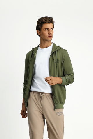 Orta Haki Kapüşonlu Regular Fit Fermuarlı Baskılı Pamuklu Sweatshirt