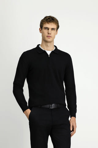 Siyah Polo Yaka Regular Fit Fermuarlı Pamuklu Örme Triko Kazak