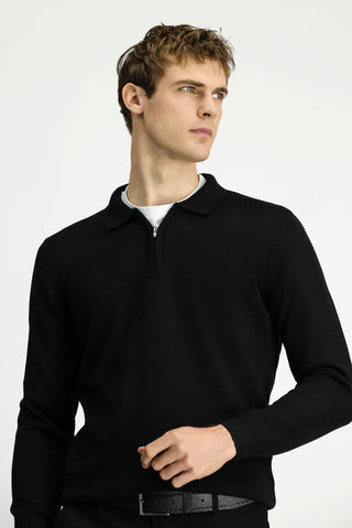 Siyah Polo Yaka Regular Fit Fermuarlı Pamuklu Örme Triko Kazak
