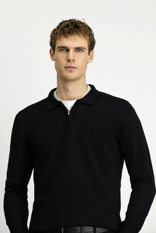 Siyah Polo Yaka Regular Fit Fermuarlı Pamuklu Örme Triko Kazak