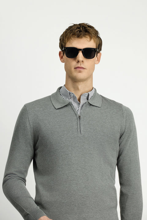 Medium Grey Polo Collar Regular Fit Zip-Up Cotton Knit Sweater