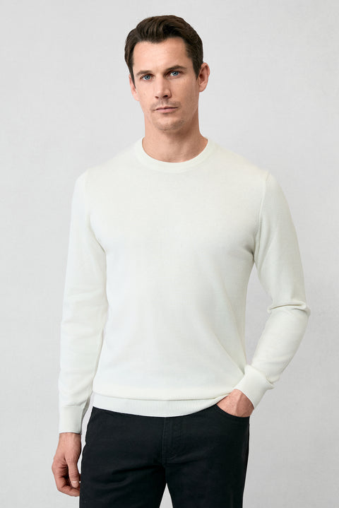 Ekru Bisiklet Yaka Regular Fit Pamuklu Triko Kazak