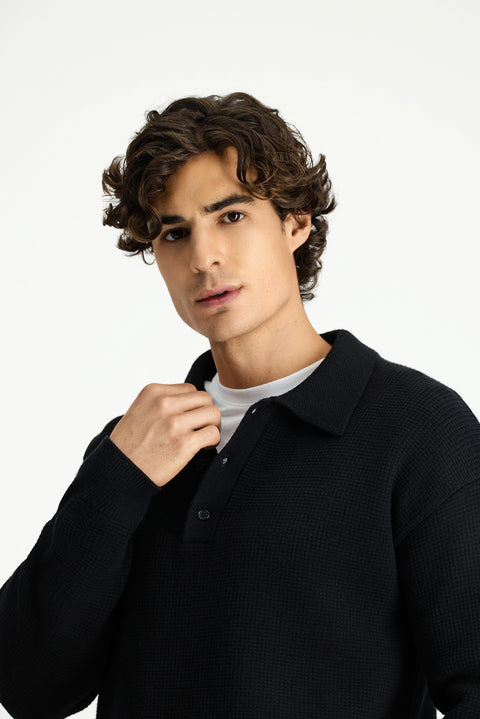 Black Polo Collar Oversize Extra Relaxed Fit Patterned Knit Sweater