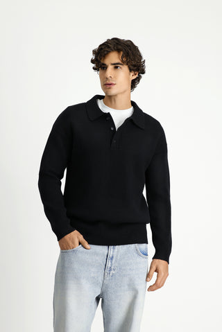 Siyah Polo Yaka Oversize Ekstra Rahat Kesim Desenli Triko Kazak