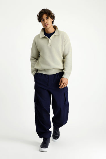 Taş Polo Yaka Oversize Ekstra Rahat Kesim Desenli Triko Kazak