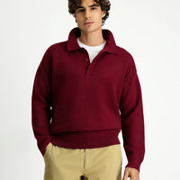 Koyu Bordo Polo Yaka Oversize Ekstra Rahat Kesim Desenli Triko Kazak