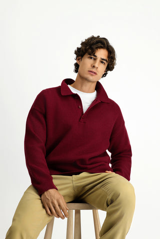 Koyu Bordo Polo Yaka Oversize Ekstra Rahat Kesim Desenli Triko Kazak