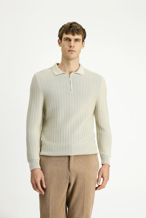 Stone Collar Regular Fit Patterned Zip-Up Cotton Knit Sweater
