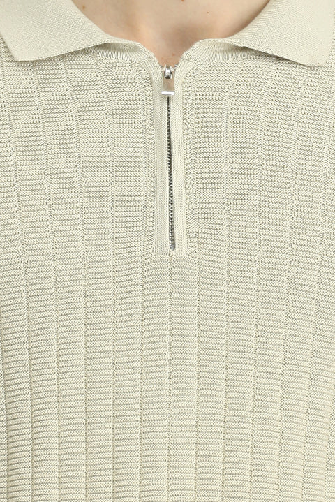Stone Collar Regular Fit Patterned Zip-Up Cotton Knit Sweater