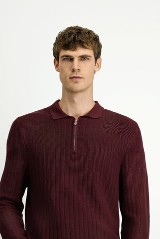 Koyu Bordo Polo Yaka Regular Fit Desenli Fermuarlı Pamuklu Triko Kazak