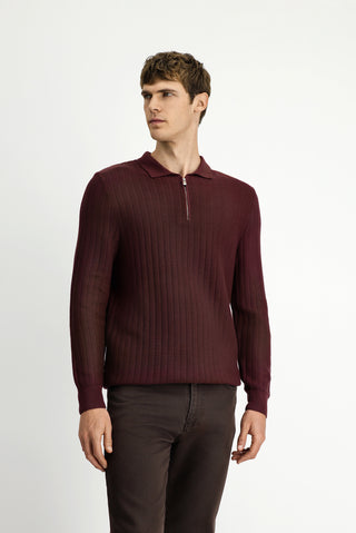 Koyu Bordo Polo Yaka Regular Fit Desenli Fermuarlı Pamuklu Triko Kazak