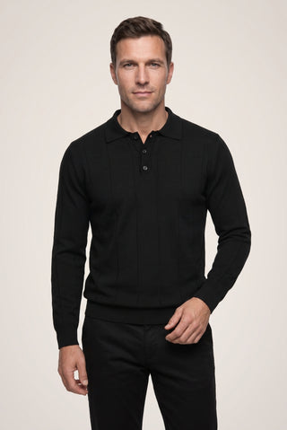 Siyah Polo Yaka Düğmeli Regular Fit Çizgili Triko Kazak