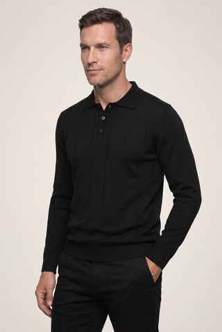 Siyah Polo Yaka Düğmeli Regular Fit Çizgili Triko Kazak