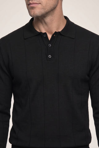 Siyah Polo Yaka Düğmeli Regular Fit Çizgili Triko Kazak