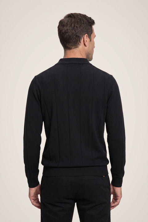Black Polo Collar Button-Down Regular Fit Striped Knit Sweater
