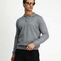Orta Gri Melanj Polo Yaka Regular Fit Desenli Triko Kazak