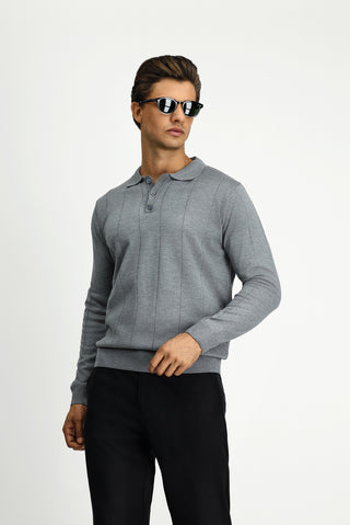 Orta Gri Melanj Polo Yaka Düğmeli Regular Fit Çizgili Triko Kazak