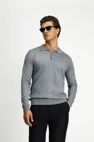 Orta Gri Melanj Polo Yaka Düğmeli Regular Fit Çizgili Triko Kazak