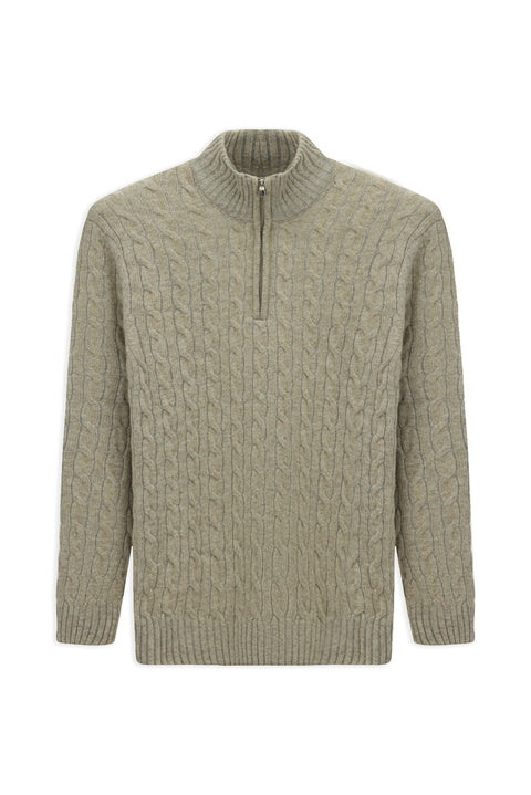 Medium Beige Half Turtleneck Regular Fit Zip-Up Patterned Knitted Wool Sweater