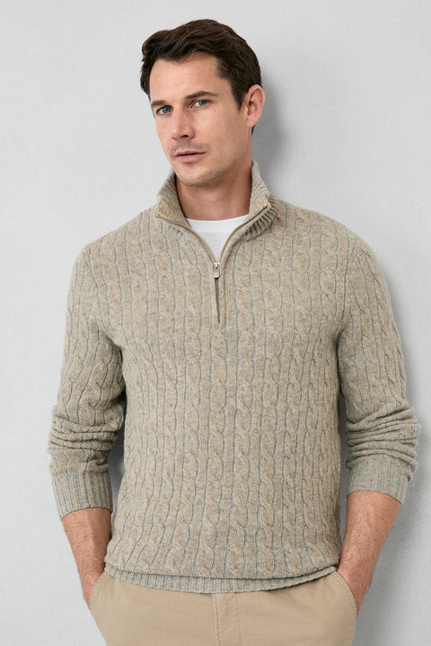 Medium Beige Half Turtleneck Regular Fit Zip-Up Patterned Knitted Wool Sweater