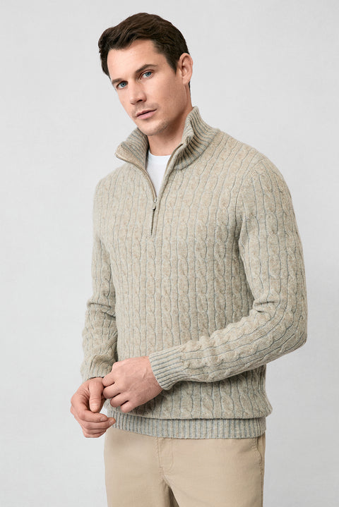 Medium Beige Half Turtleneck Regular Fit Zip-Up Patterned Knitted Wool Sweater