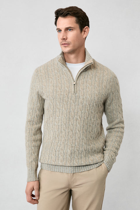 Medium Beige Half Turtleneck Regular Fit Zip-Up Patterned Knitted Wool Sweater