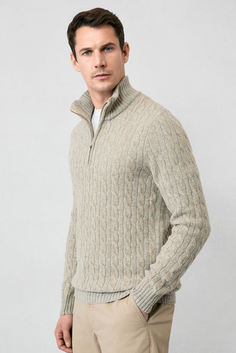 Medium Beige Half Turtleneck Regular Fit Zip-Up Patterned Knitted Wool Sweater